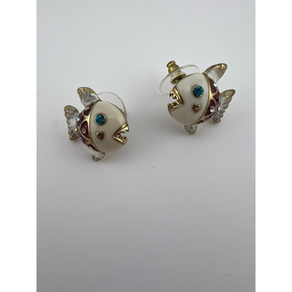 Betsey Johnson Piranha Fish Earrings Enamel Rhinestone Gold Tone Statement Y2K